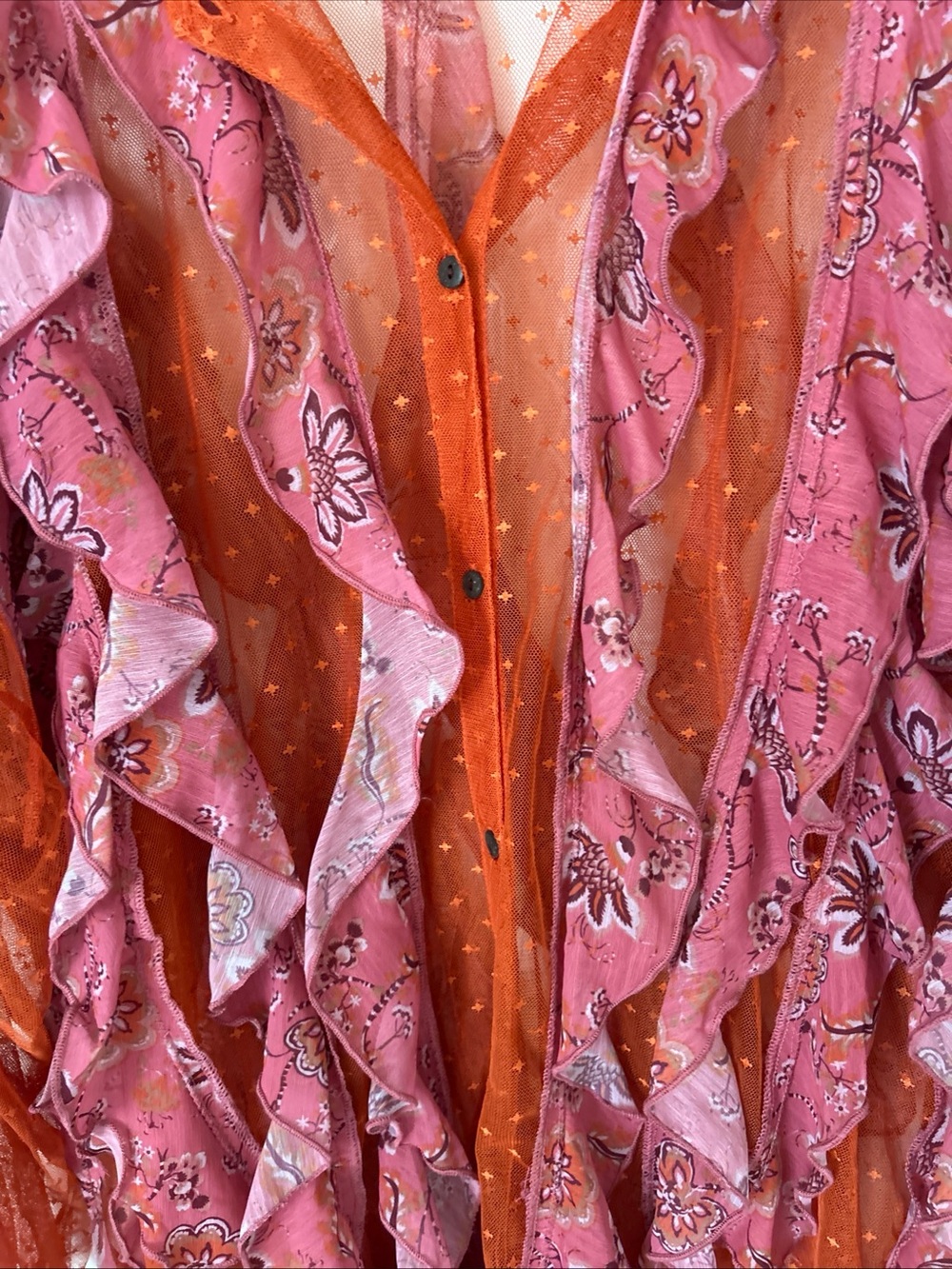 Free People Worth It Pink Orange Sheer Ruffle Floral Button Blouse Boho Fairy - Picture 6 of 14